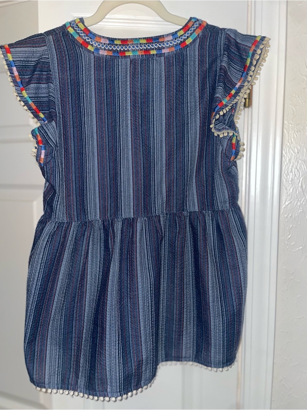 THML Blue Striped Embroidered Pom Pom Babydoll Blouse Size XS - Picture 2 of 4